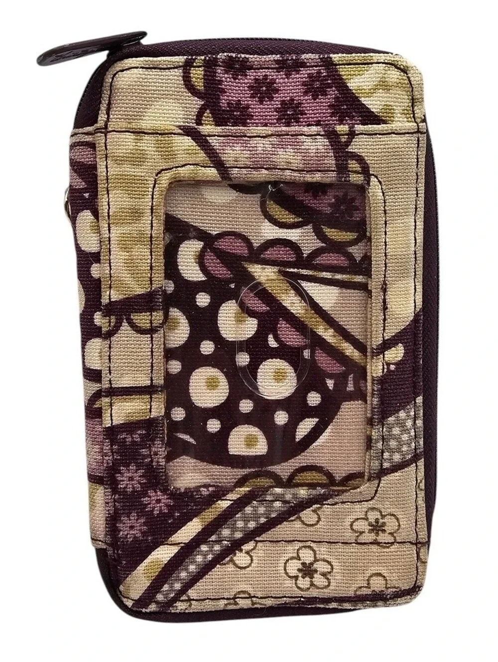 Thirty One Canvas ID Holder Zip Up Card Wallet Purple Tan Floral